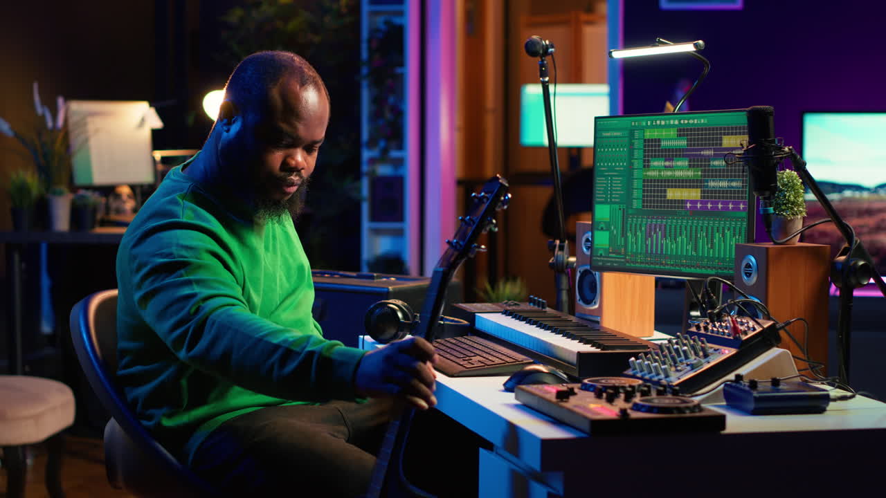 productor musical se prepara para grabar melodías en un instrumento acústico