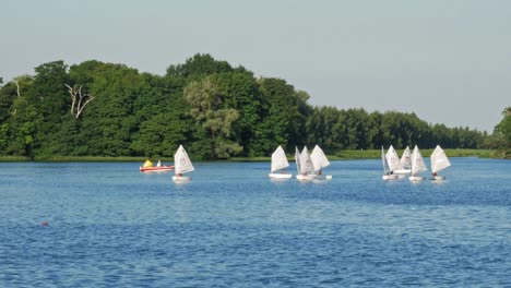 grupo de marineros navegando con un bote optimista en el lago en el pueblo de kolbudy en el condado de gdansk, polonia