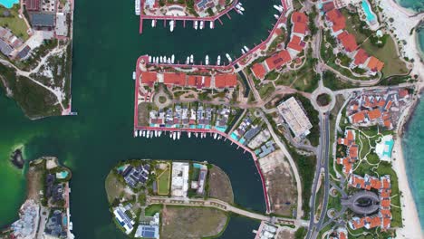 expensive resorts at the cap cana marina, in sunny punta cana, dominican republic - birds eye, aerial view