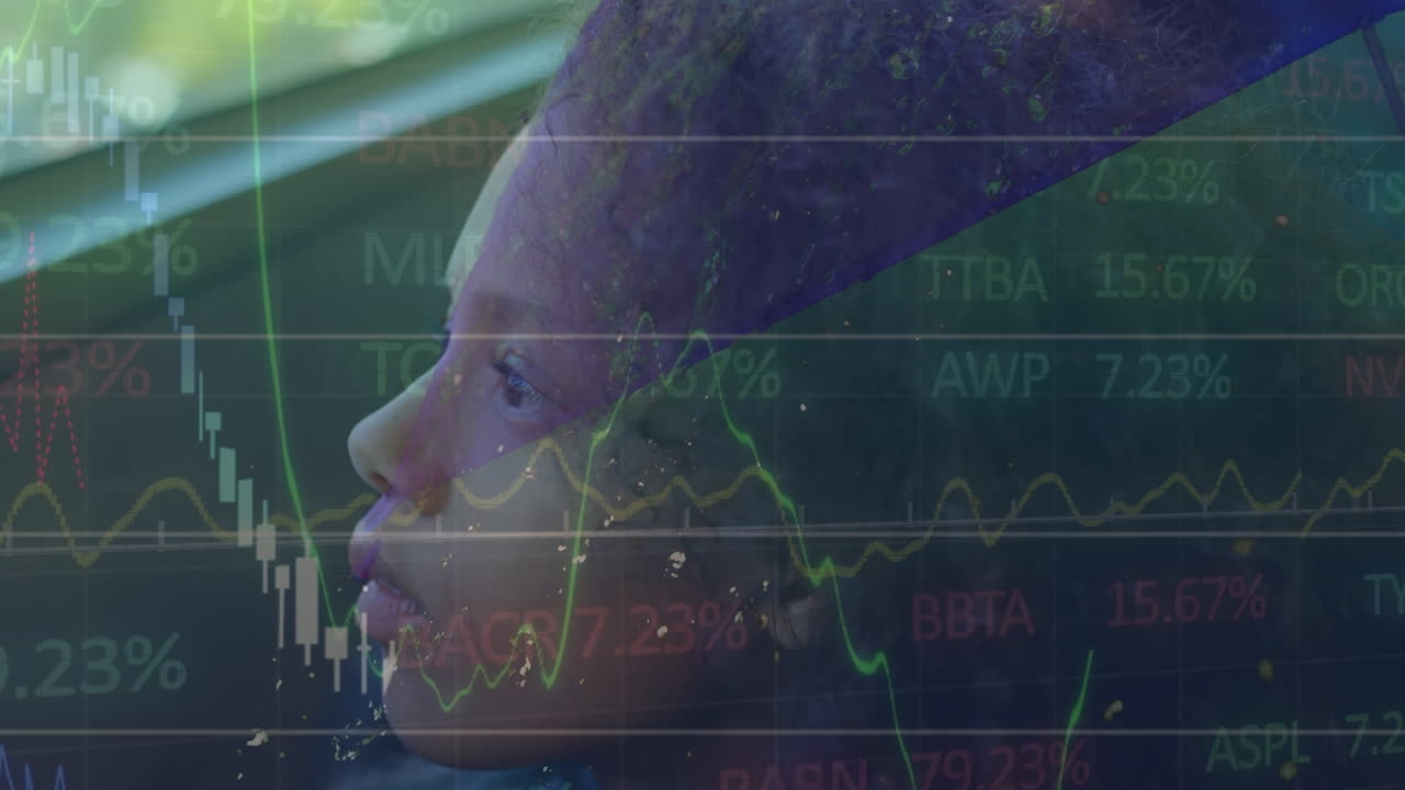 Financial data processing against african american girl looking out of window sitting in the bus