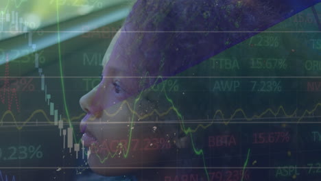 financial data processing against african american girl looking out of window sitting in the bus