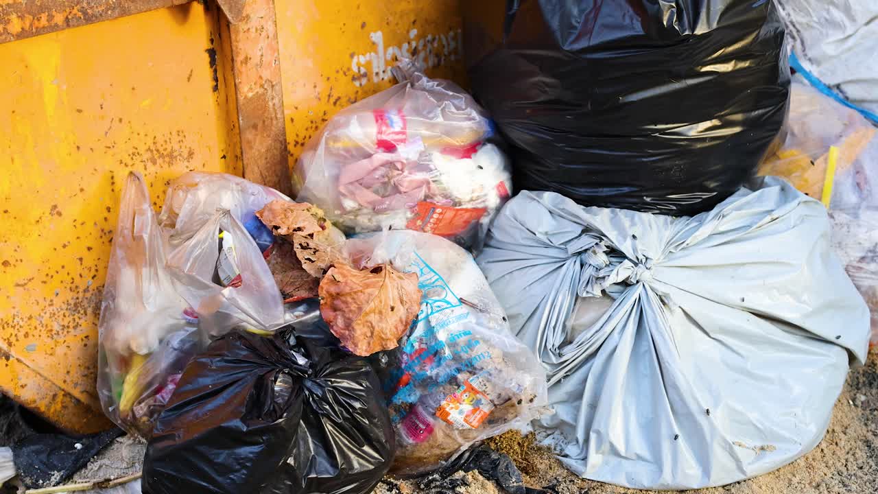 A static view of an overflowing dumpster with various trash bags in a sunny Phuket street