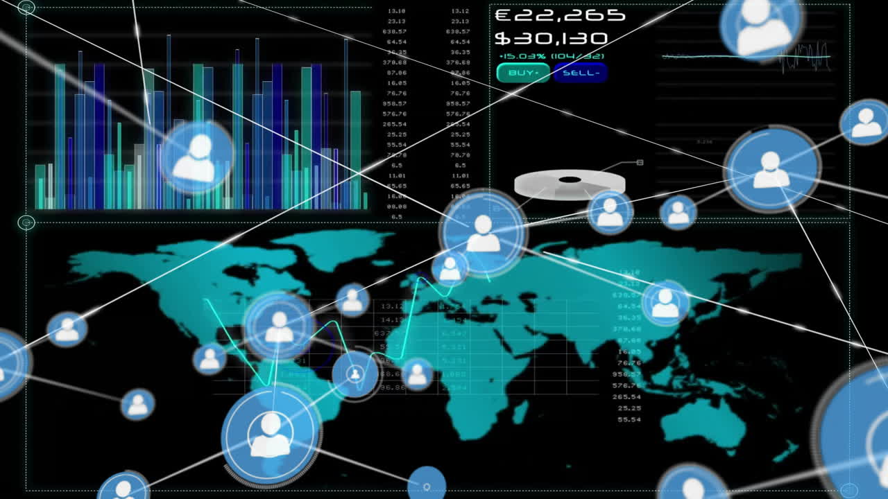 Animation of network of connections with icons and financial data processing over world map