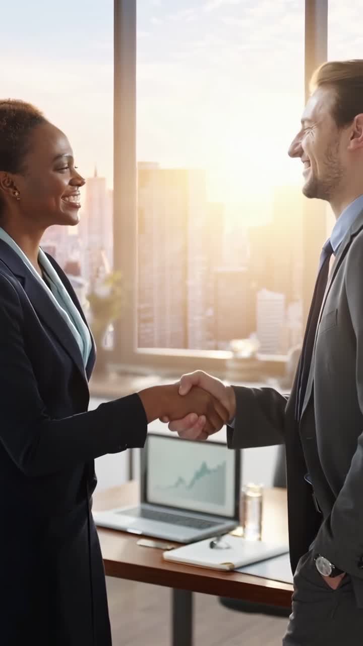 Scena video professionale di una stretta di mano in un ufficio, ripresa da un'angolazione laterale.