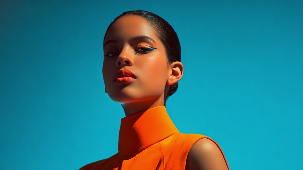 A Stunning Profile of a Young Woman in Bright Orange Attire Against a Vivid Blue Background, Showcasing a Unique Makeup Style with Bold Eyeliner, Radiating Confidence and Elegance in Fashion Photography