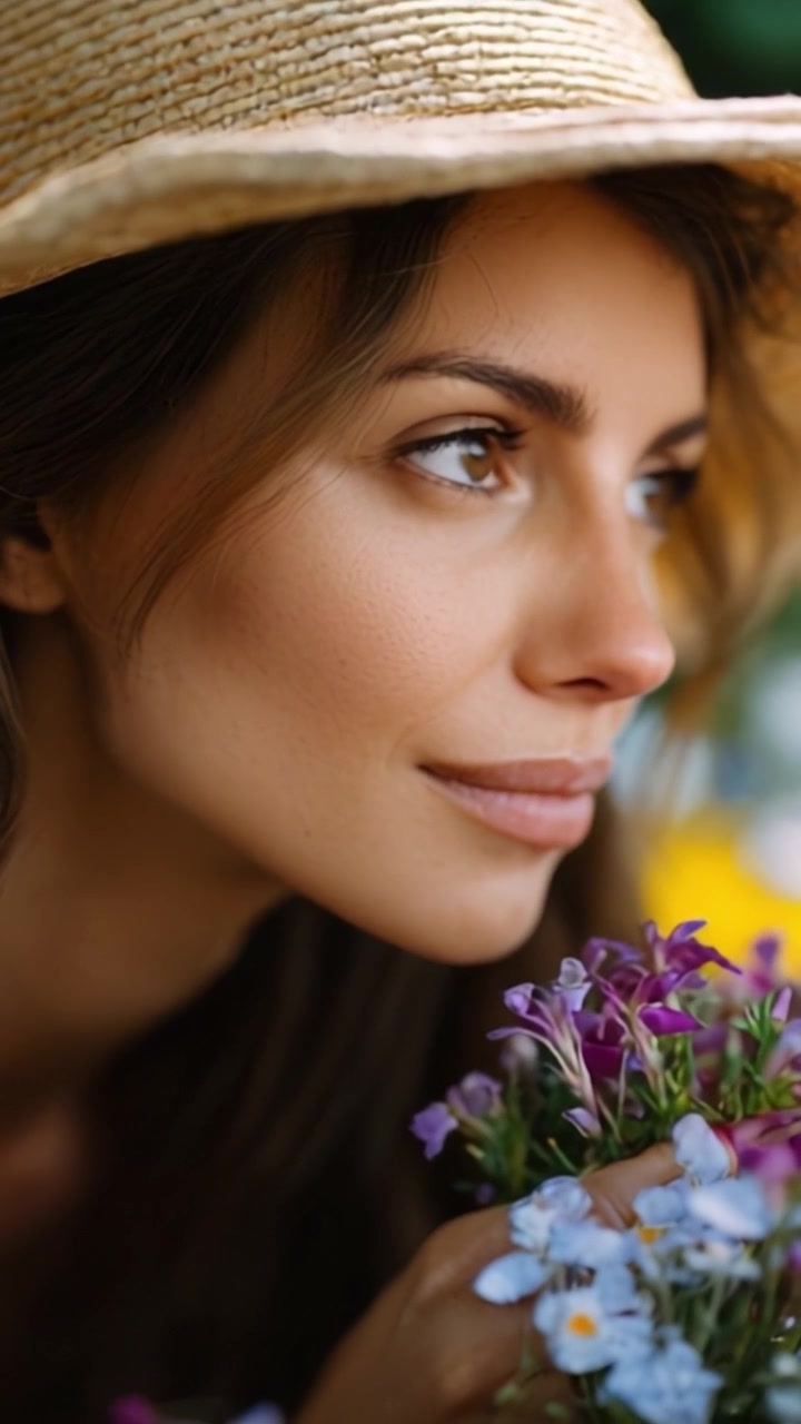 Una donna serena che si gode un bellissimo bouquet di fiori vivaci, indossando un cappello di paglia alla moda, incarnando l'essenza della natura e della bellezza in primavera.