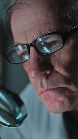 scientist examining a sample with magnifying glass