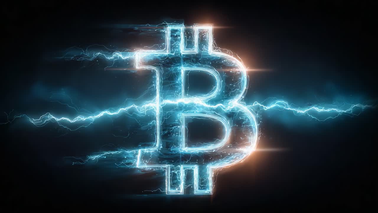 Illuminated Bitcoin Symbol Surrounded by Electric Energy and Vibrant Glow, Representing the Exciting Future of Cryptocurrency and Digital Finance Innovations