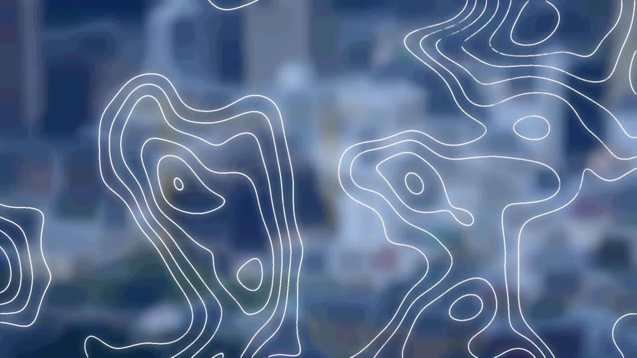 Animation of isohypses over blurred city financial district