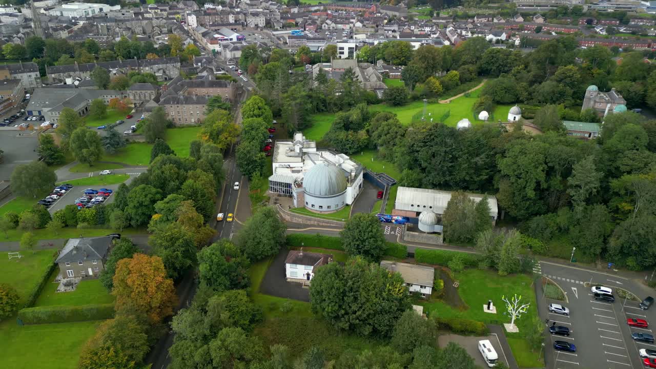 Slow rotating 4K 30FPS aerial video of Armagh Planetarium and the surrounding area in Armagh, Northern Ireland in the UK. Produced in Rec709 color