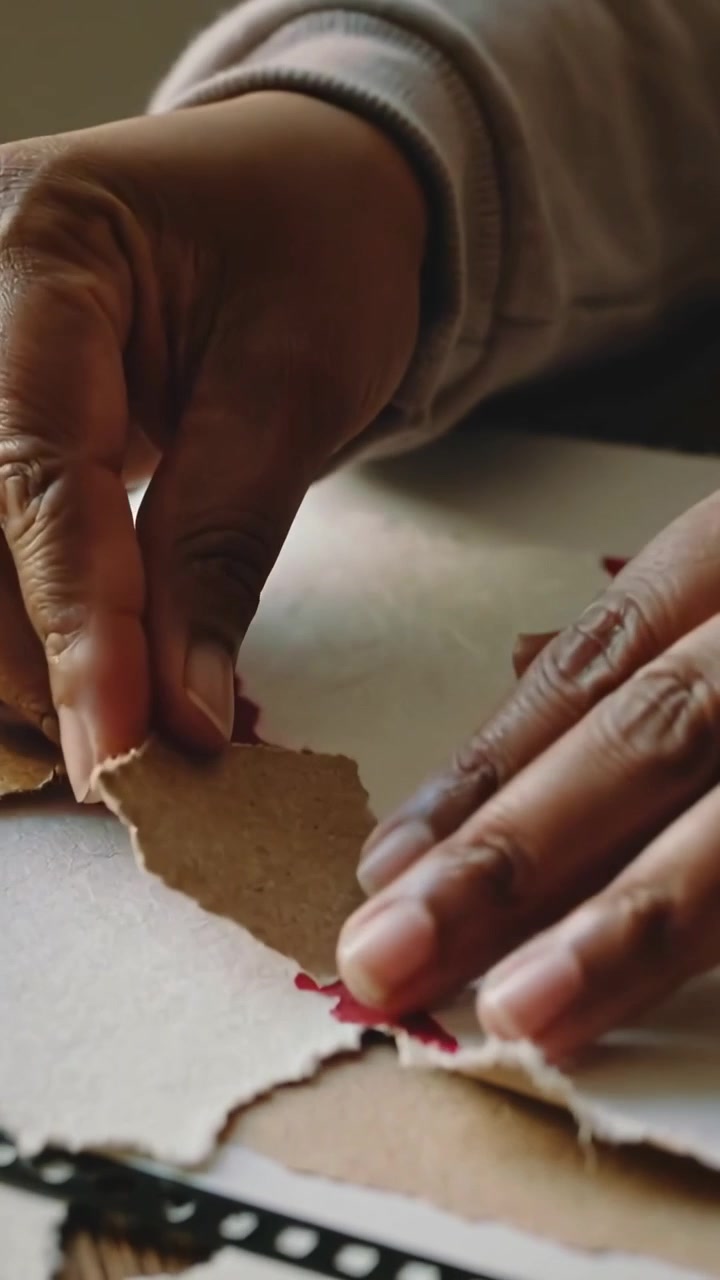 Vertical video: Pressing hands laying torn brown paper on white mat, making collage, filmstrip cuff