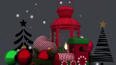 Animation-of-christmas-decorations-with-baubles-and-lantern-over-snow-falling-on-black-background