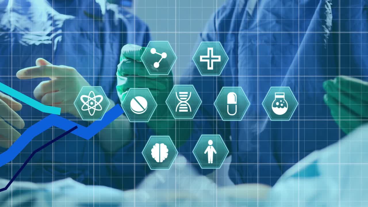 수술 을 수행 하는 외과 의사 들 의 팀 의 중간 부분 에 대하여 여러 가지 의학적 아이콘