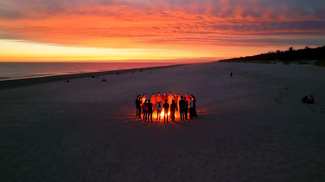 Aerial view shows people gathered around bright fire on open beach while sunset colors fill sky, with footprints on sand, calm shoreline, and gradual distance from camera.