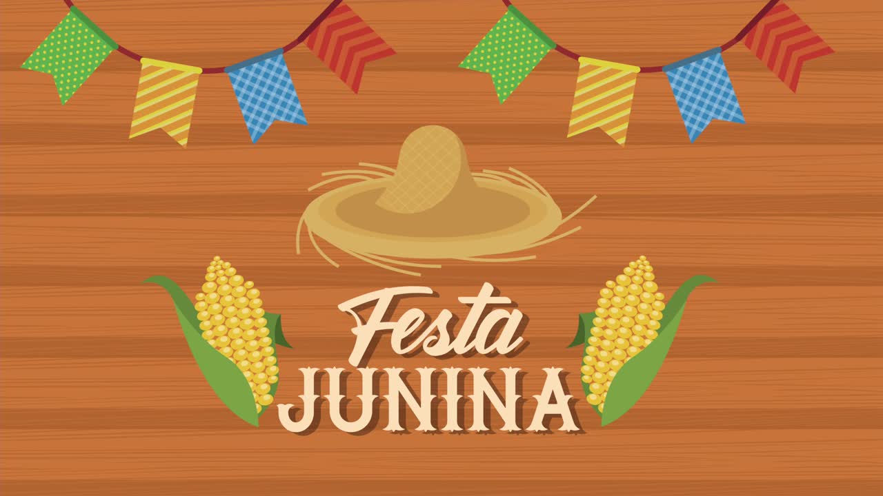 animación de letras de festa junina con sombrero de paja y maíz