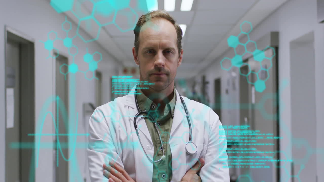 Animazione di elaborazione dati e formula chimica su un medico caucasico con stetoscopio