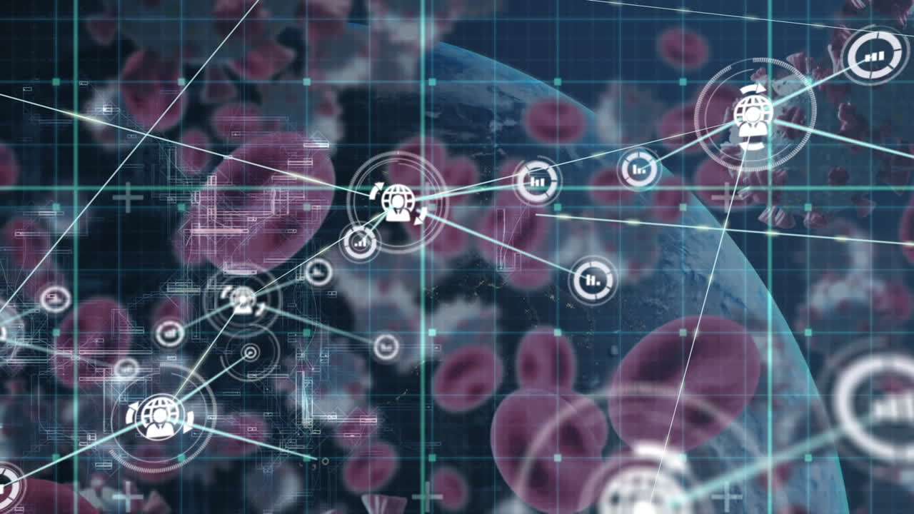 Animation of network of connections with covid 19 virus cells and globe