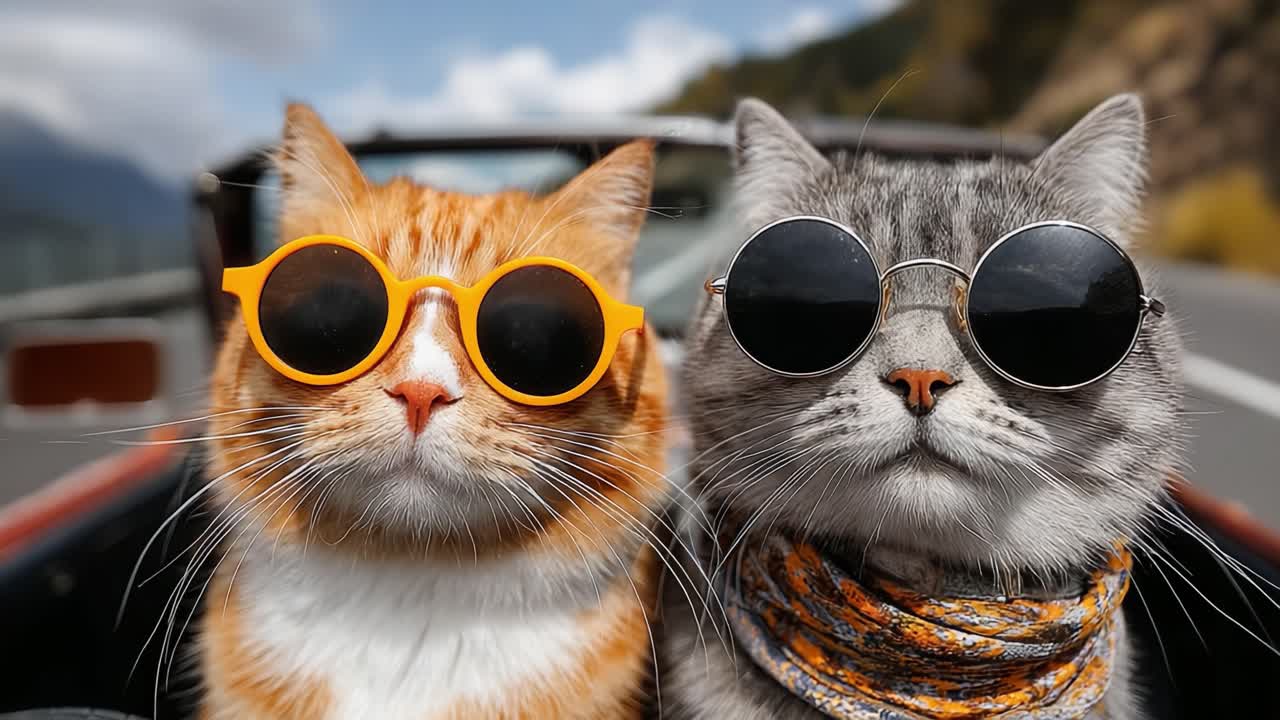 Due gatti eleganti che si godono un giro panoramico con occhiali da sole, catturando il divertimento e l'avventura di compagni felini sulla strada aperta.
