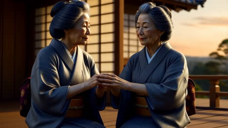 two elderly japanese women in kimonos holding hands