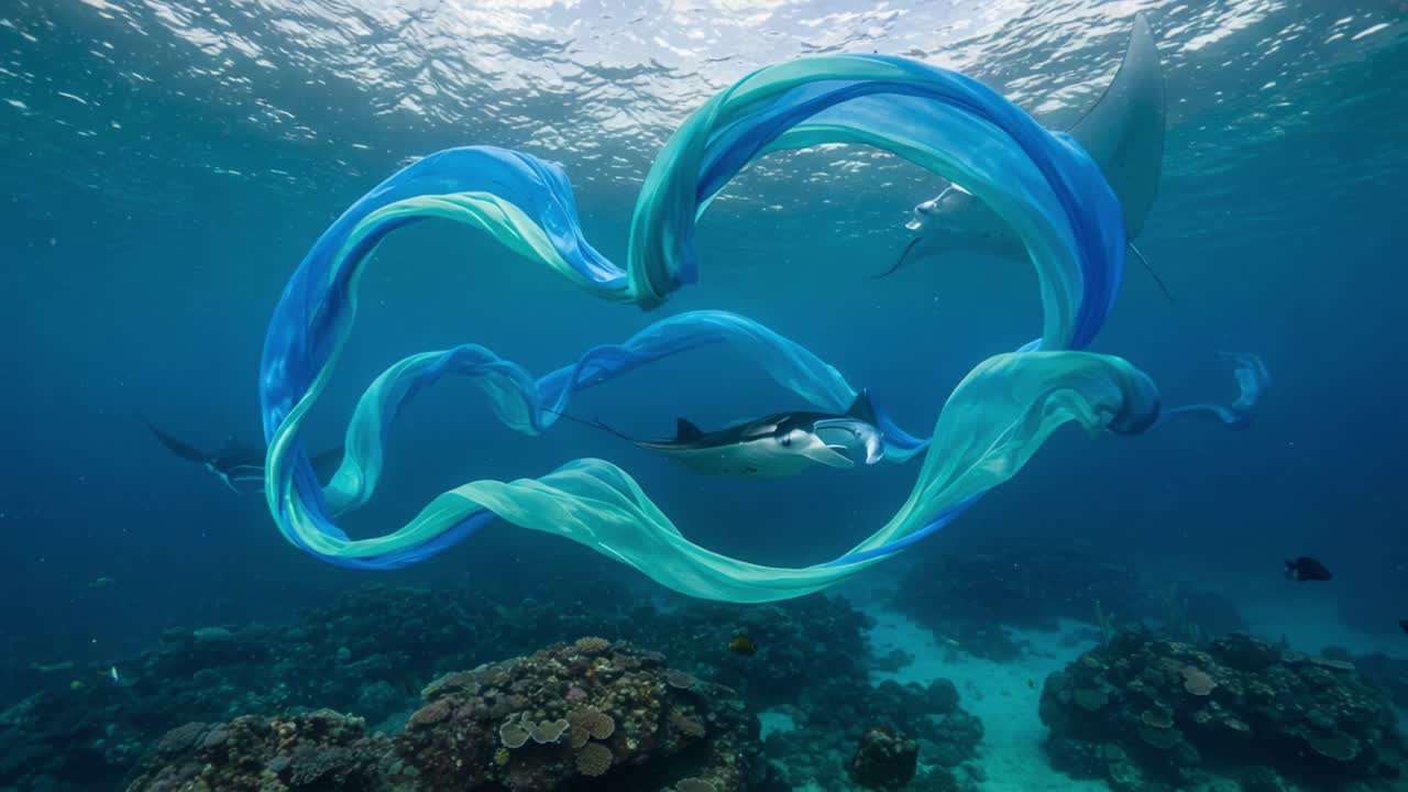 A Beautiful Underwater Scene With Manta Rays Swimming Gracefully Through Colorful Ribbons of Fabric, Creating a Serene and Dreamlike Ocean Atmosphere