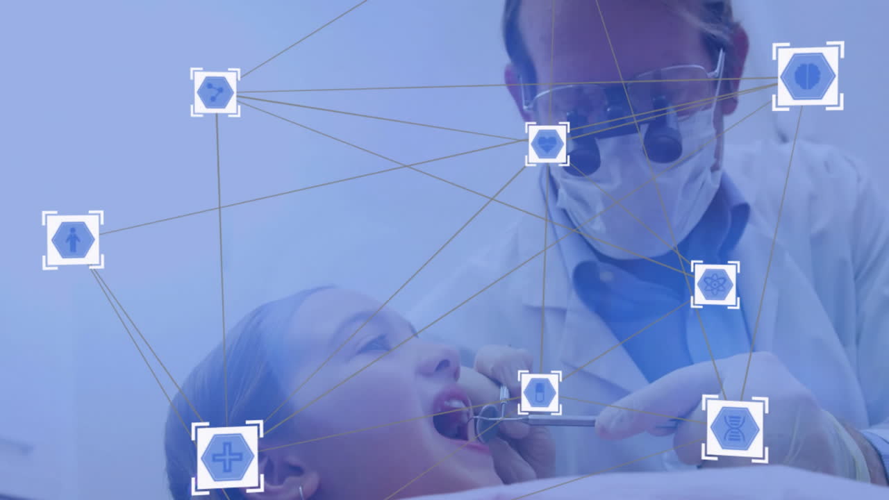 Animation of network of connections with icons over diverse dentist and patient in dental office