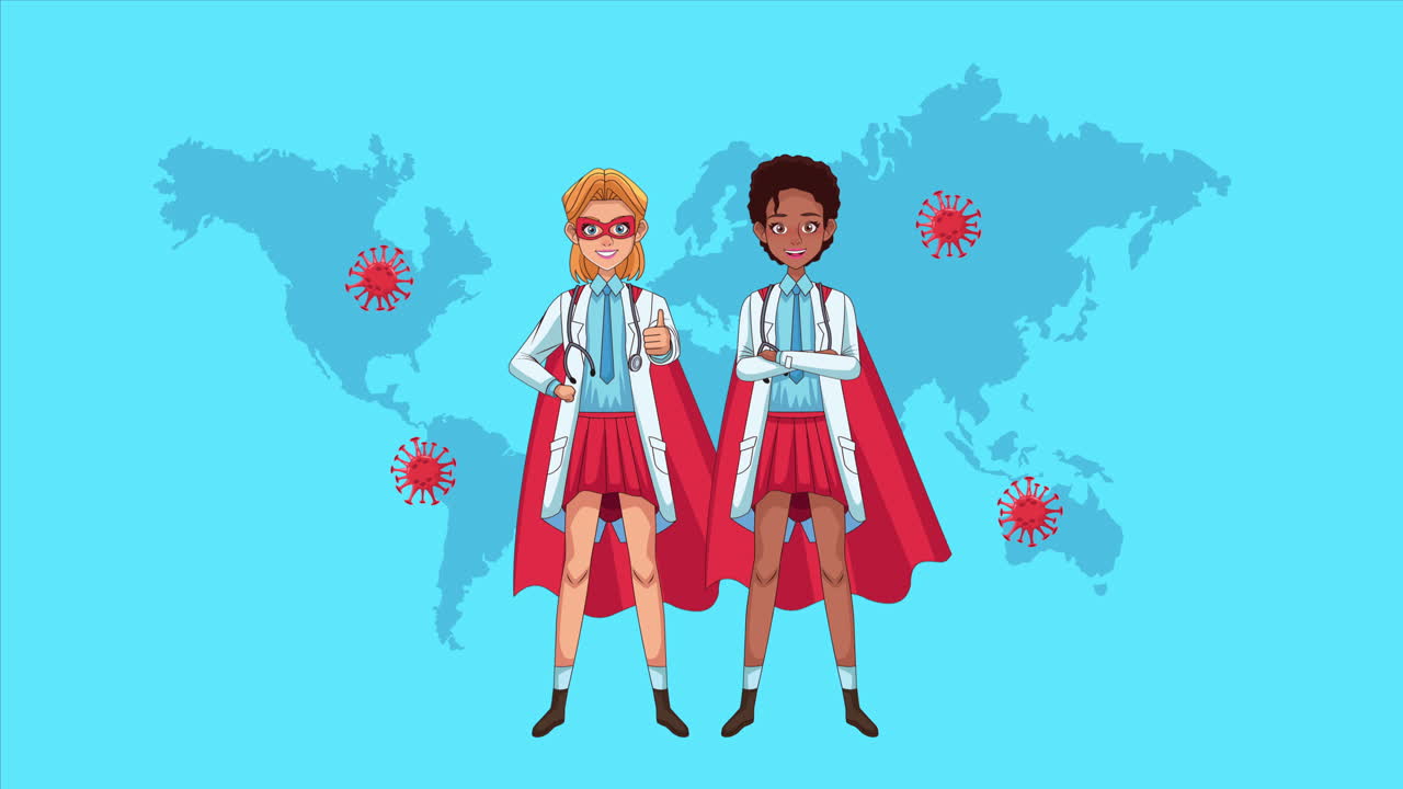 superdoctores femeninas heroicas con mapas de la tierra personajes animados