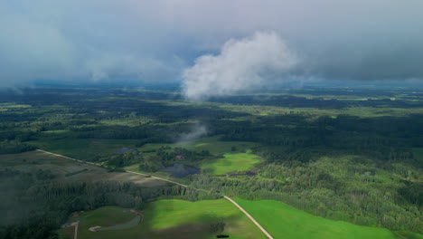 la perspectiva aérea muestra nubes de niebla que envuelven el verde campo de letonia, proyectando sombras suaves sobre el paisaje.