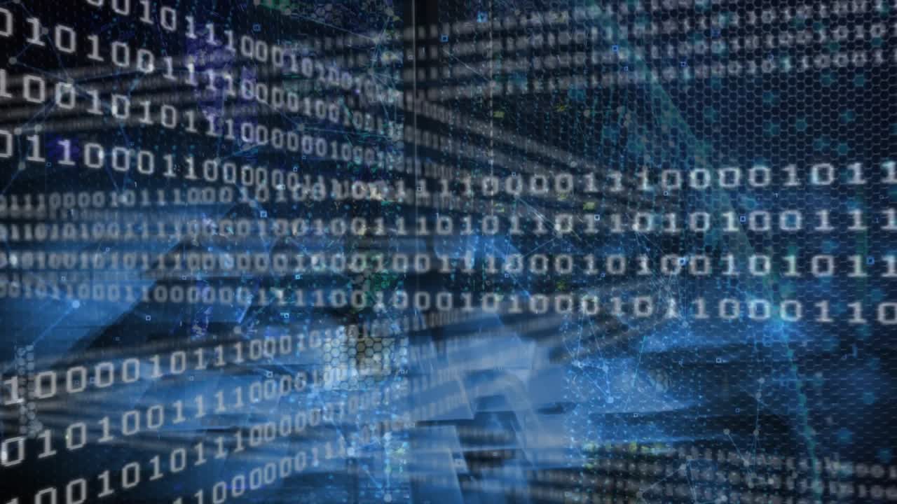 On load binary code scrolling left layering beams and nodes zooming into tunnel showing data flow