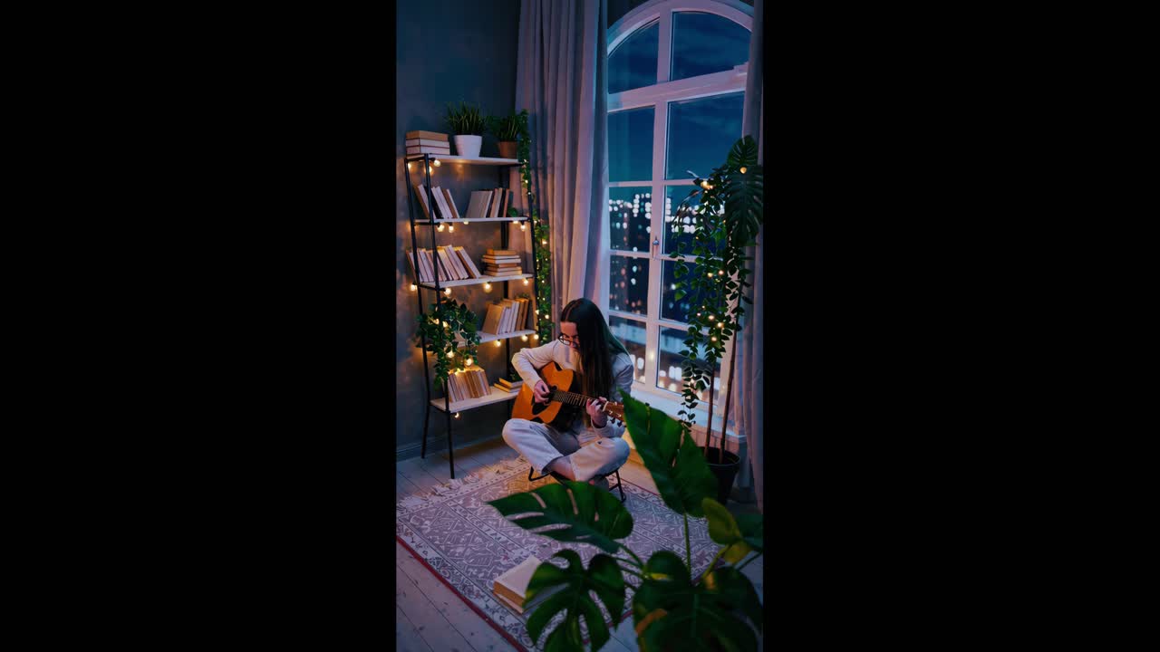 도시 전망 을 가진 쾌적 한 저녁 방 에서 기타 를 연주 하는 여자