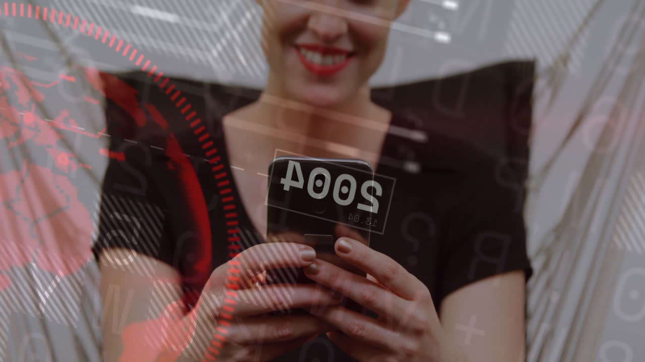 Smiling person holding phone with numbers, over digital data animation
