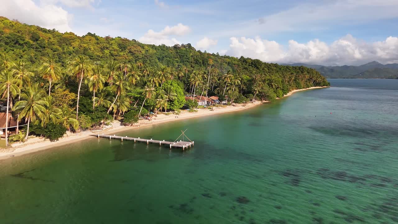 Aerial view of Las Cabañas Beach, El Nido, Palawan showing clear coastal waters, white sand, and a dense fringe of Cocos nucifera (coconut palms) along lush tropical vegetation under a blue sky