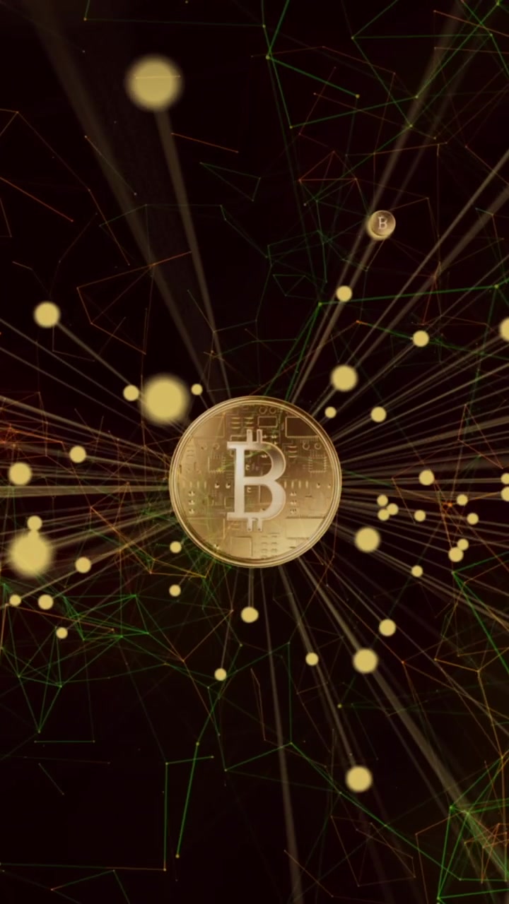 Animación de red de conexiones con símbolos brillantes de Bitcoin y dólar estadounidense