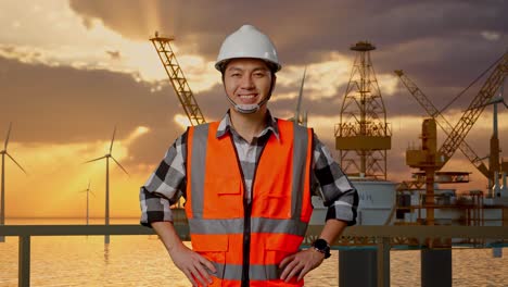 ingeniero masculino asiático con casco de seguridad sonriendo a la cámara mientras está de pie con los brazos akimbo con producción de hidrógeno en alta mar