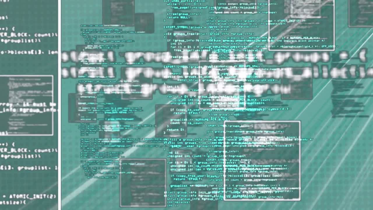 데이터 처리의 디지털 애니메이션과 초록색 배경에 떠다니는 여러 개의 사각형 모양