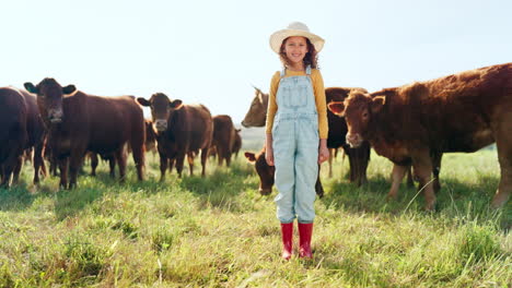 happy, girl and farm, cow and sustainability