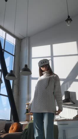 woman wearing vr headset in a modern living room