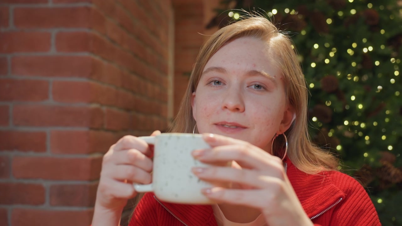 Young Woman Enjoying a Warm Drink by a Christmas Tree