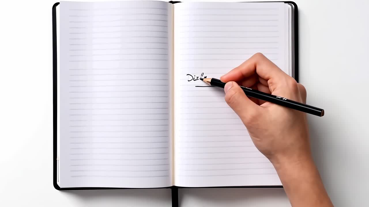 Top-down videooptagelse af en hånd, der skriver i en åben notesbog på en hvid overflade, der understreger enkelthed