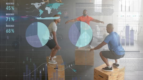 animation of data on interface over diverse male group jumping on boxes cross training at gym