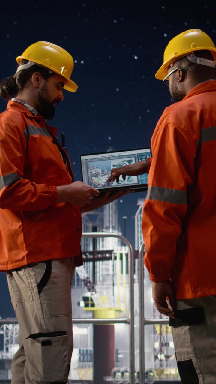 Vertical video Offshore platform men use map on device to circumvent petrol extraction blockade
