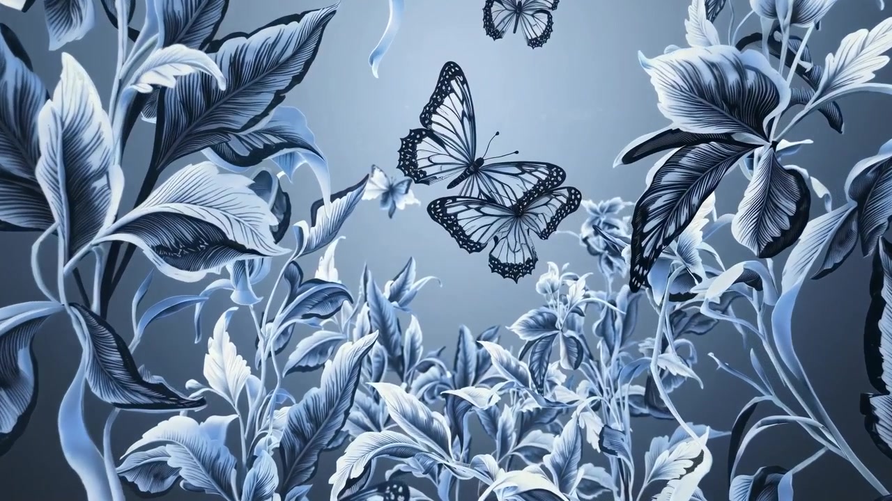 Farfalle monocromatiche che volano tra fogliame floreale stilizzato