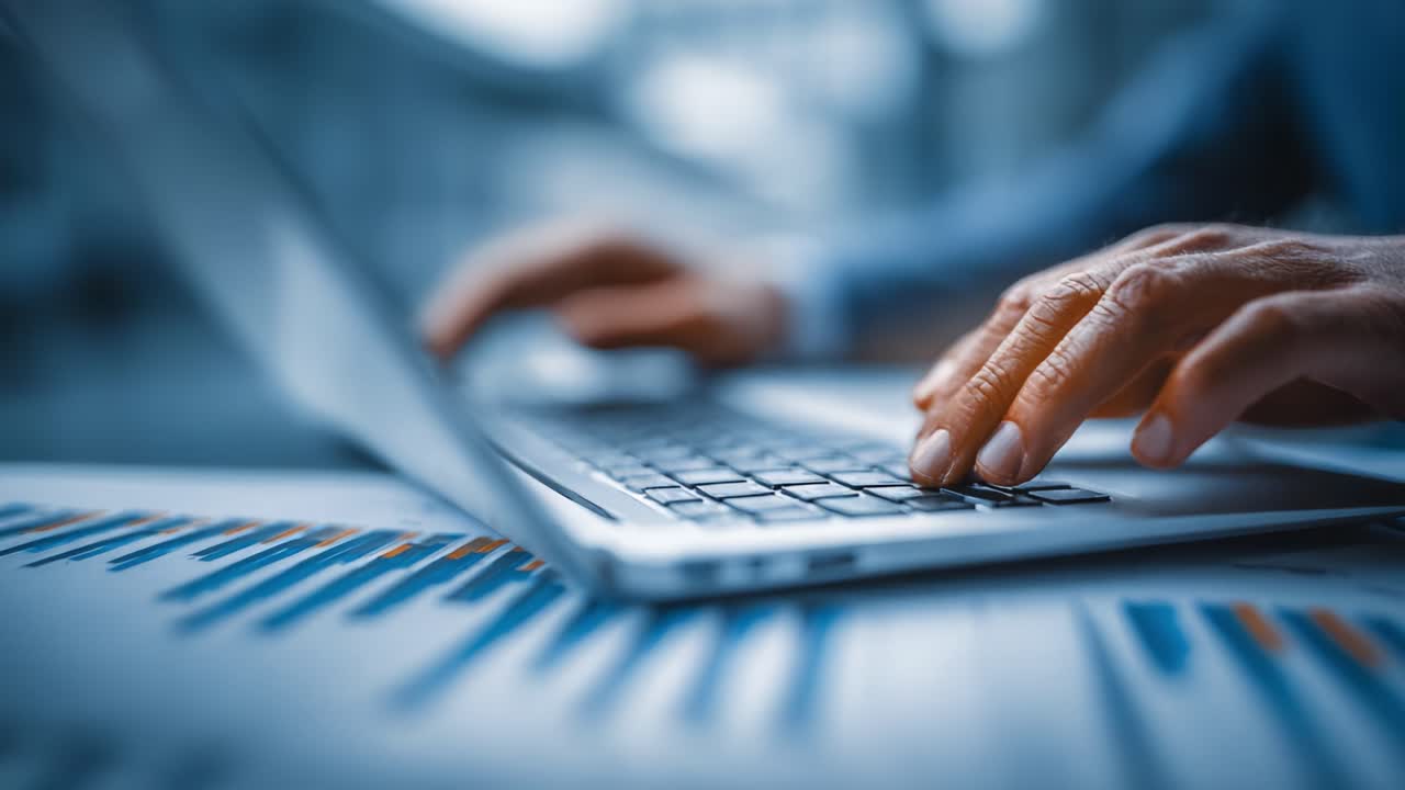 Focused Interaction with Technology: A Close-Up of Hands Typing on a Laptop Keyboard Surrounded by Colorful Data Visualizations Representing Modern Digital Work