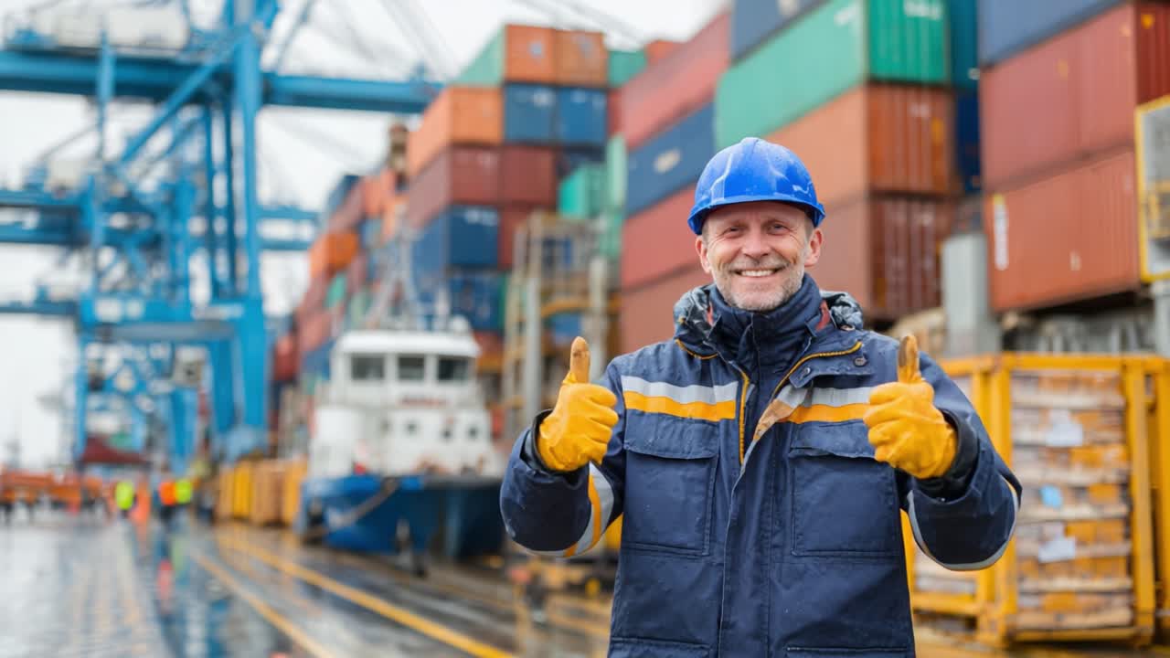 Optimistic Worker at Container Terminal: Enjoying a Rainy Day While Celebrating Safety and Collaboration in Shipping Operations with Positive Energy