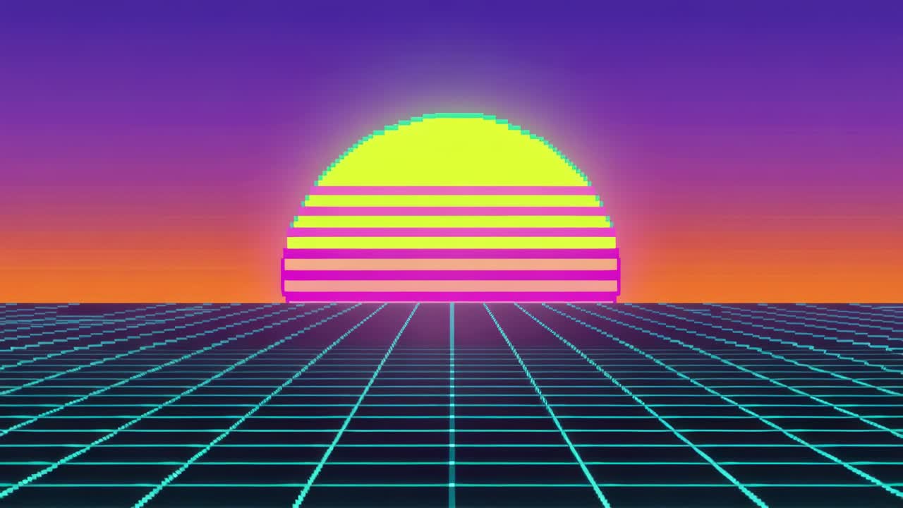 Un sole al neon che spunta dall'orizzonte, mostrando strisce magenta sopra una griglia ciano, aumentando il contrasto.