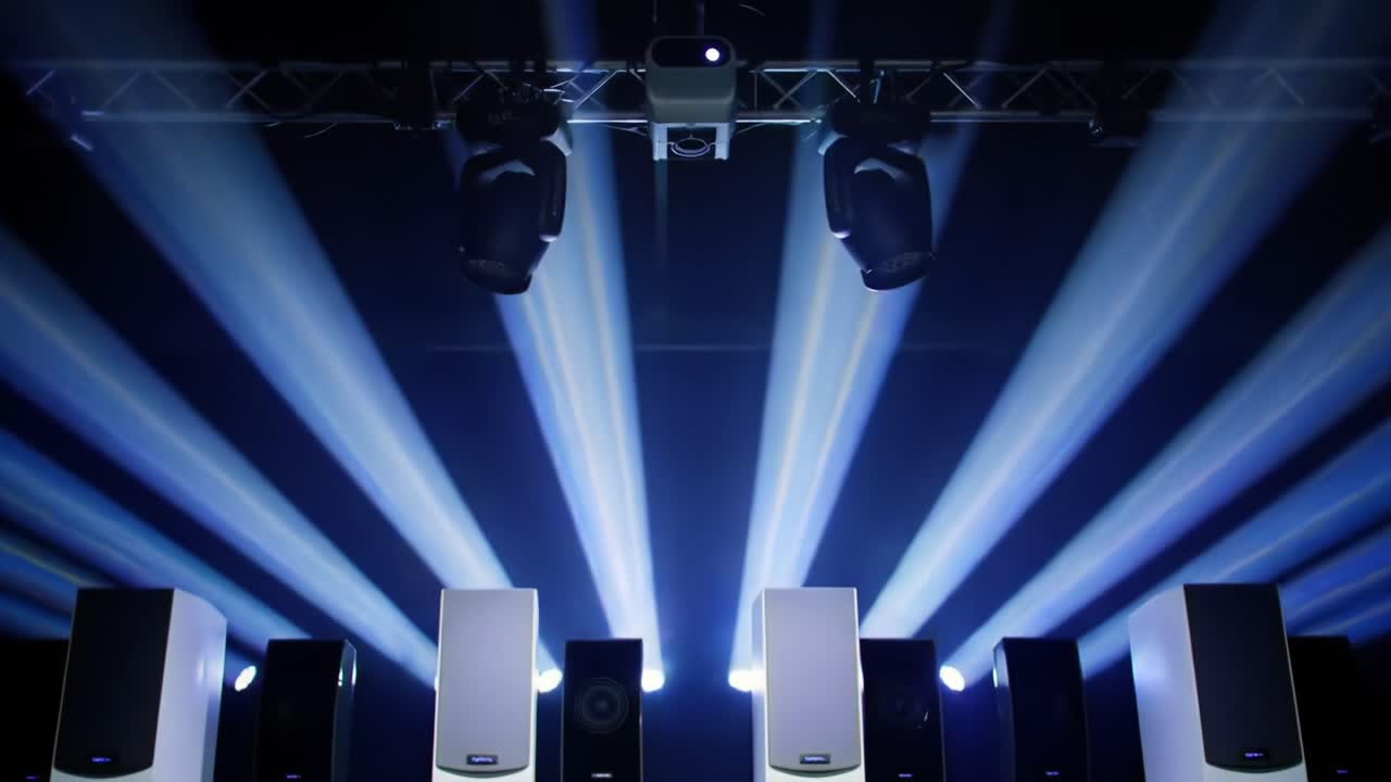 Illuminated Soundscape: Dramatic Lighting and Sound Equipment Create an Engaging Atmosphere in a Live Event Setting, Highlighting Performance and Ambience
