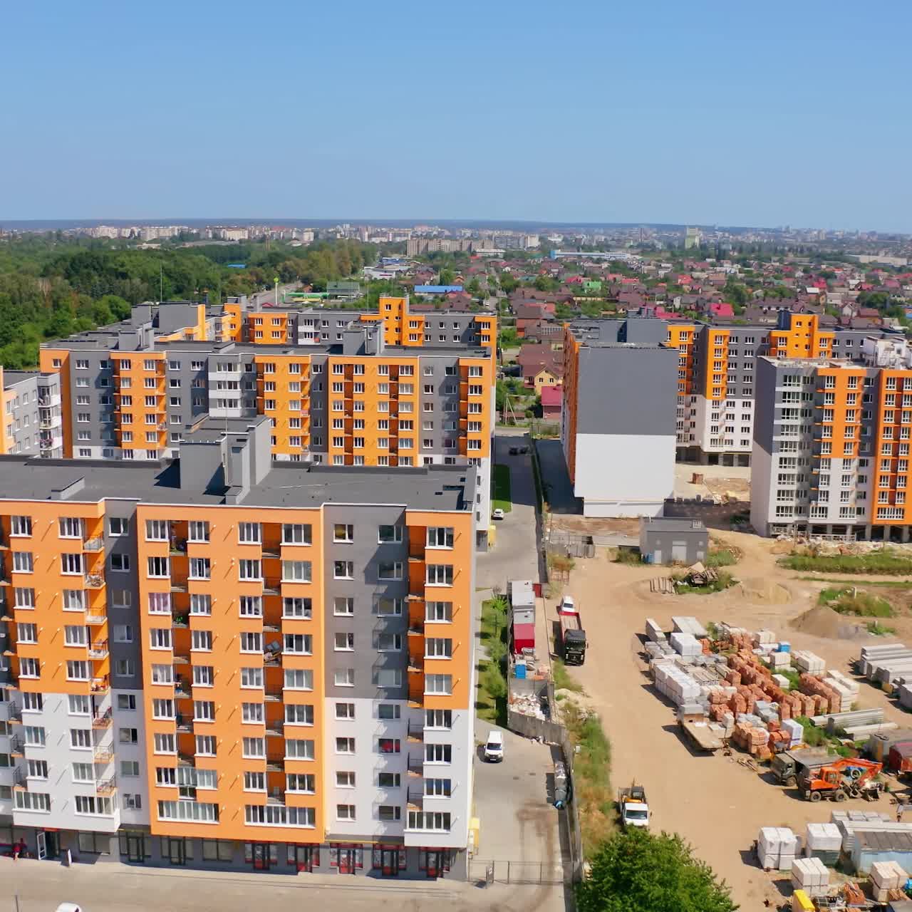 New district in the city. Contemporary buildings for residential purpose. High rise houses in the outskirts of the city. Aerial view