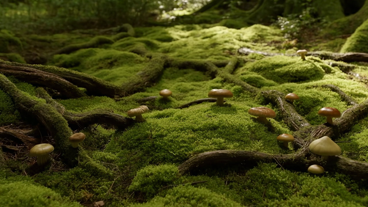 Moss Covered Forest Floor With Mushrooms, Twisted Roots And Damp Lichen Under Dappled Sunlight Closeup