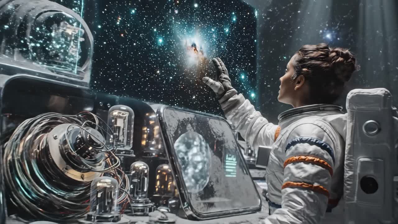 Astronaut in Spaceship Control Room Observing Nebula
