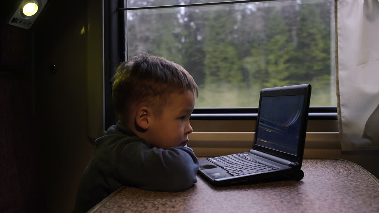 niño pequeño en el tren viendo video en la computadora portátil