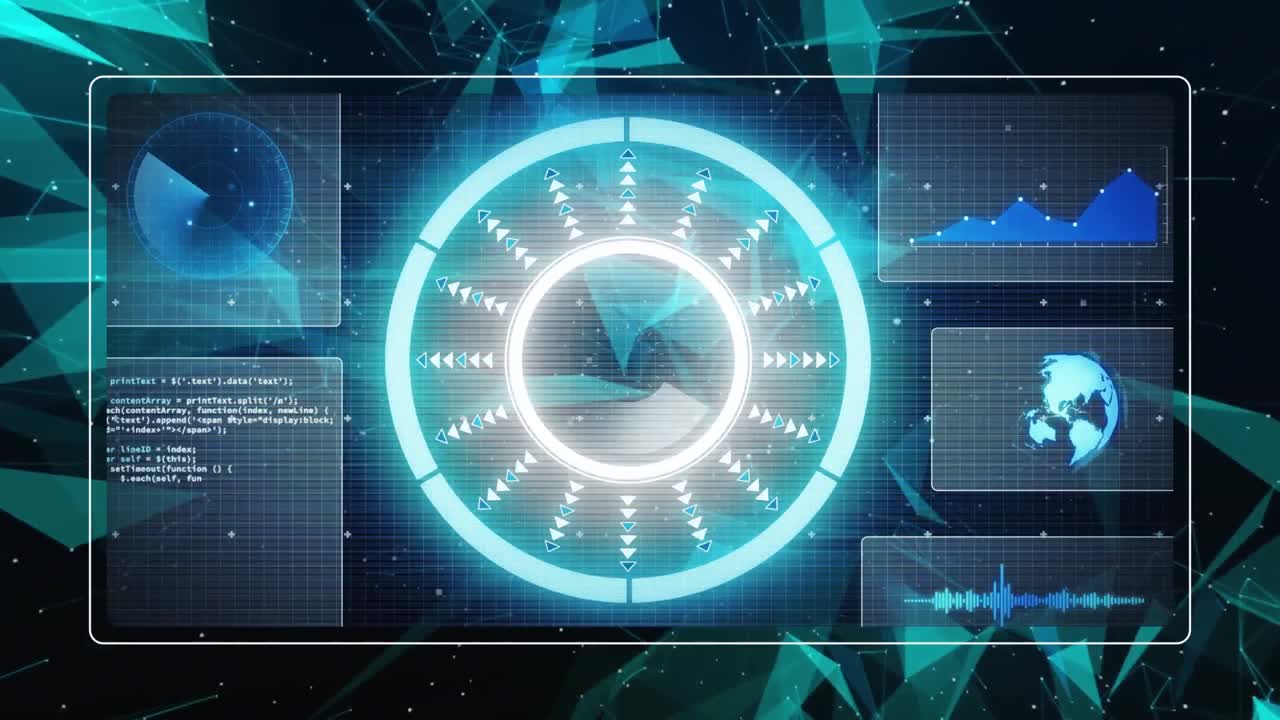 검은 바탕에 연결 네트워크를 통해 범위 스캐닝과 함께 데이터 처리의 애니메이션